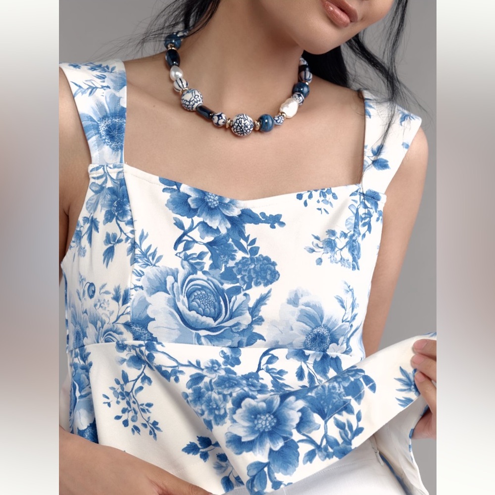 Anthropologie Maeve Square-Neck Peplum Tank Top Blue Floral Pattern NWT